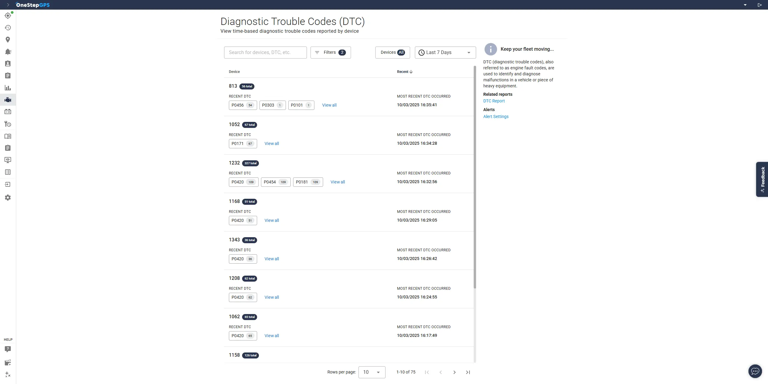 One Step GPS UI showing reports dashboard